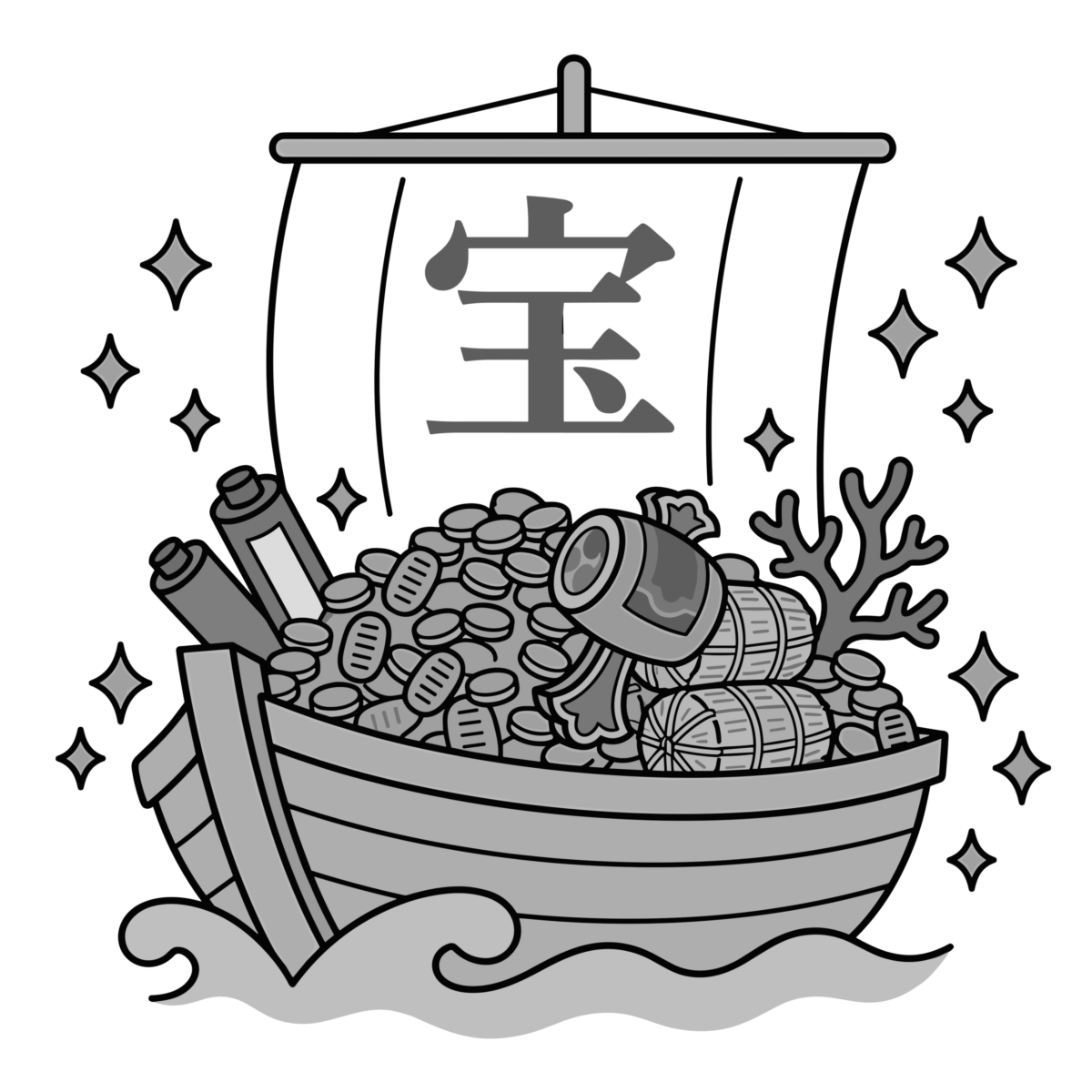 宝船のイラスト無料ダウンロード（モノクロ）