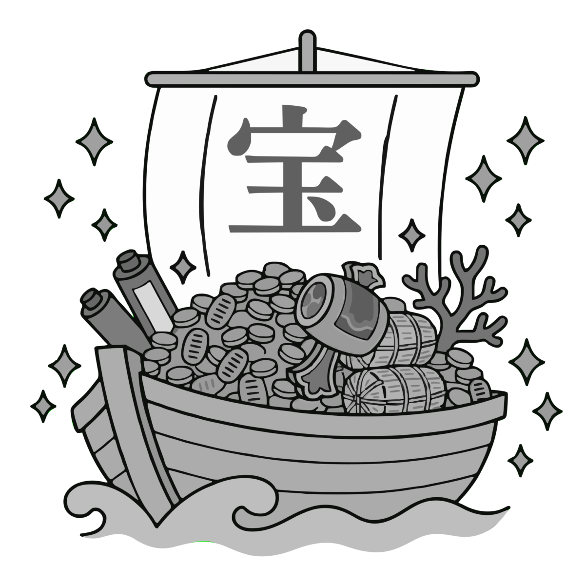 宝船のイラスト無料ダウンロード(モノクロ)