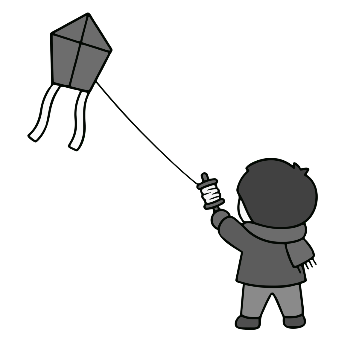 凧揚げをする子どものイラスト（お正月）（モノクロ）