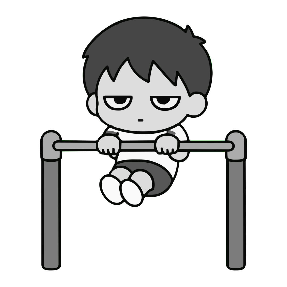 鉄棒をする子どものかわいいイラスト（モノクロ）