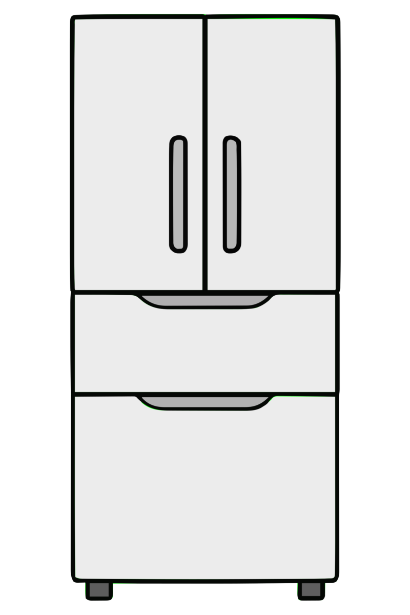 3段の観音開き冷蔵庫のイラスト無料ダウンロード（モノクロ）