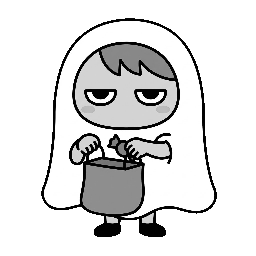 トリックオアトリートをする子どものかわいいイラスト(モノクロ)