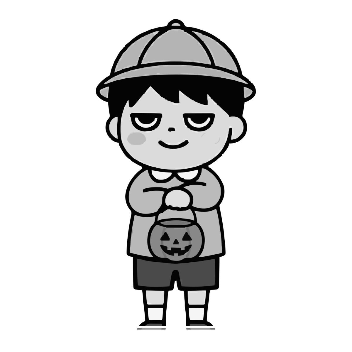 トリックオアトリートをする子どものかわいいイラスト(モノクロ)