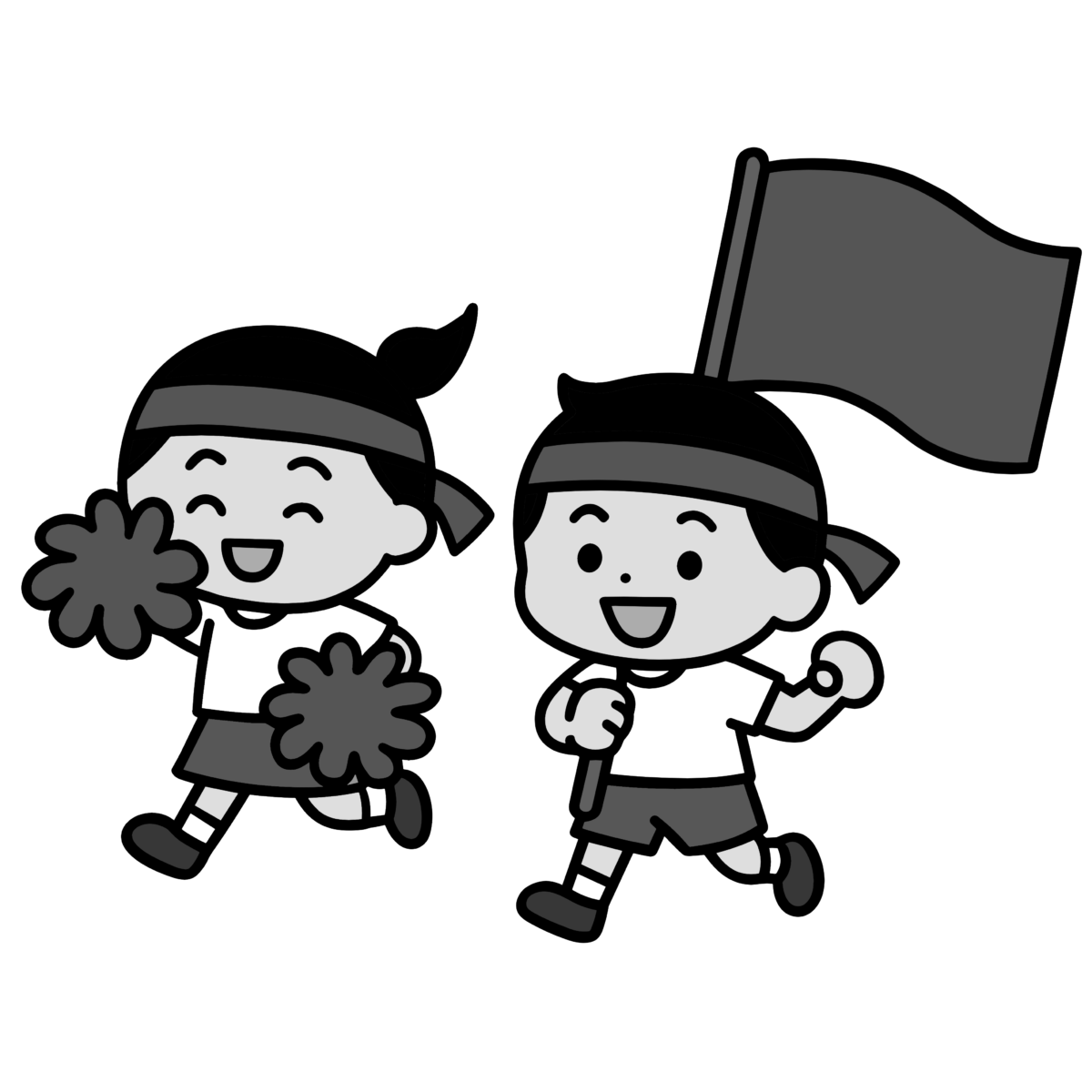 赤組応援の園児のイラスト無料ダウンロード（モノクロ）