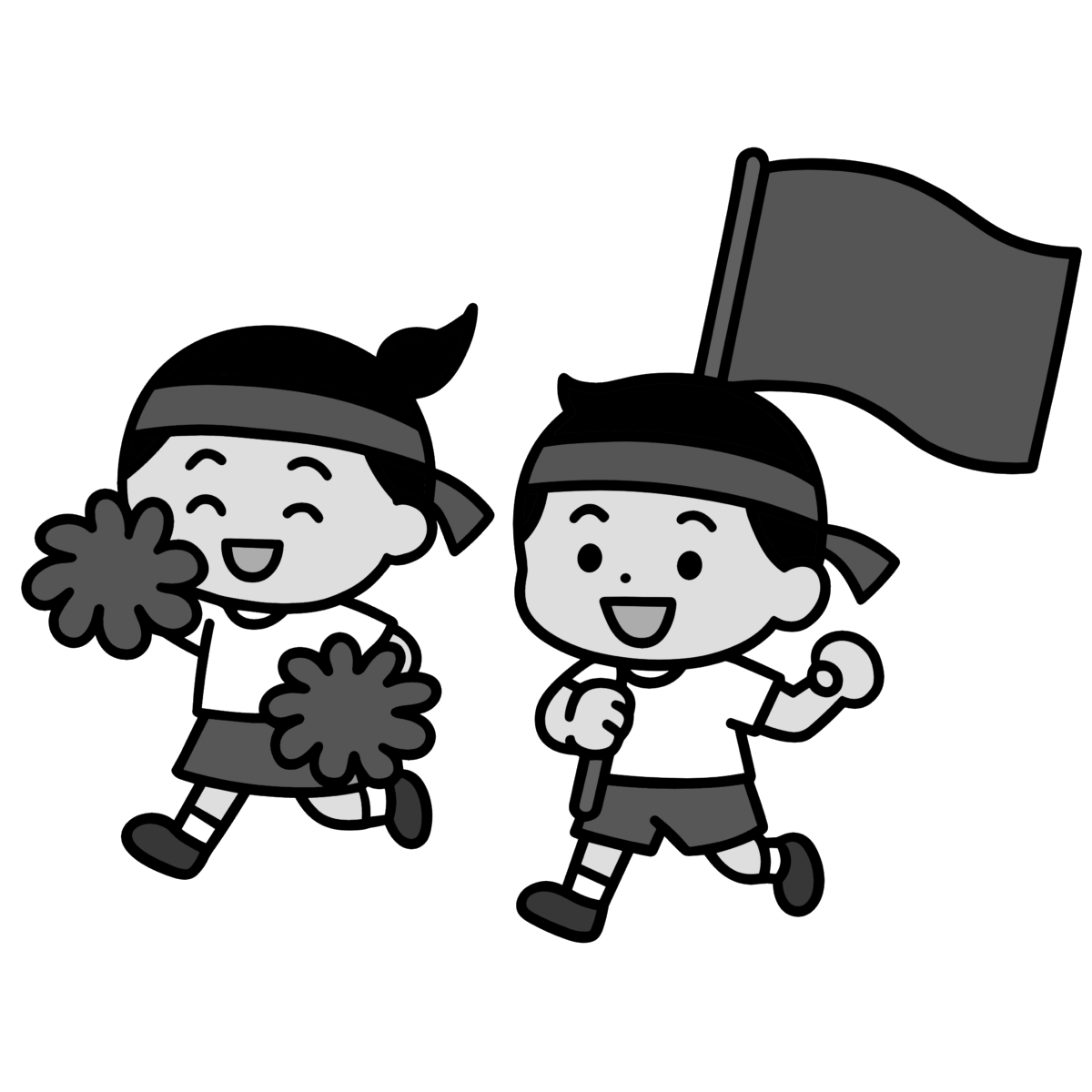赤組応援の園児のイラスト無料ダウンロード（モノクロ）