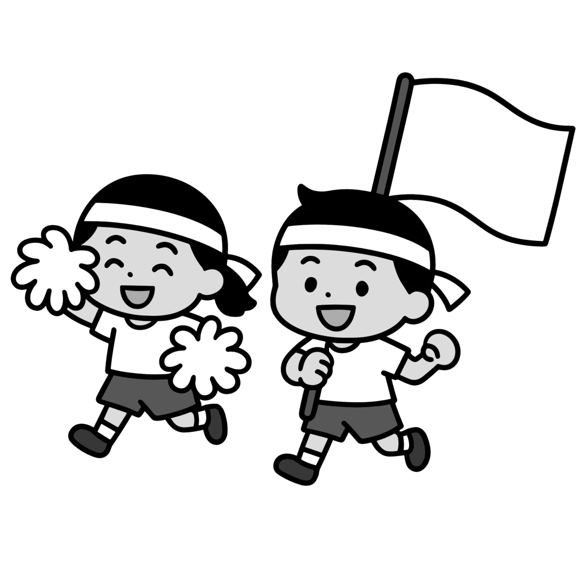 白組応援の園児のイラスト無料ダウンロード（モノクロ）