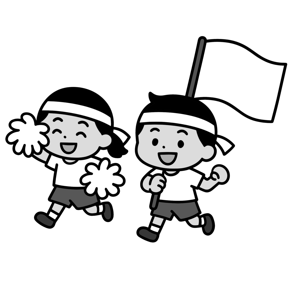 白組応援の園児のイラスト無料ダウンロード（モノクロ）