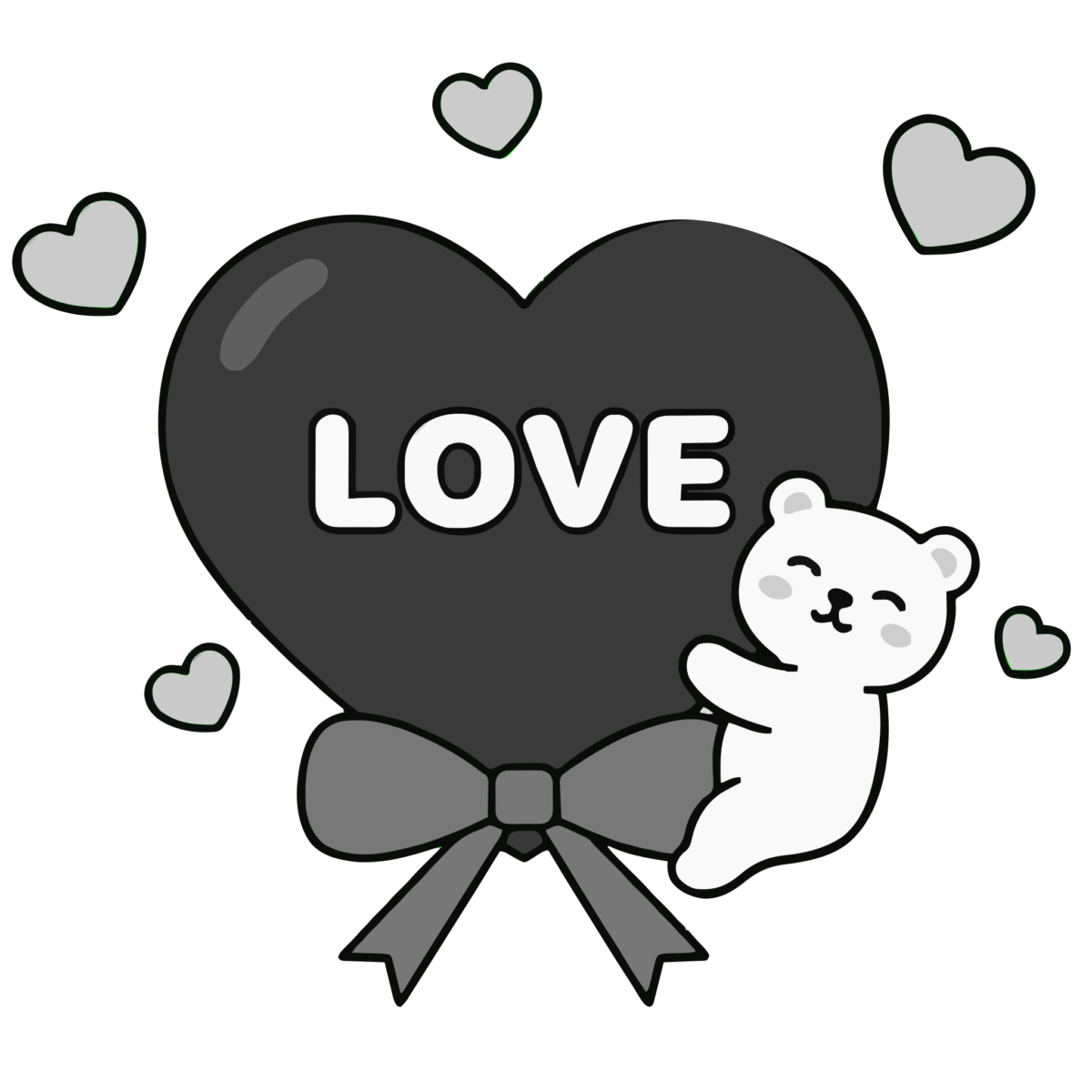 LOVEのハートチョコと白くまのイラスト無料ダウンロード（モノクロ）