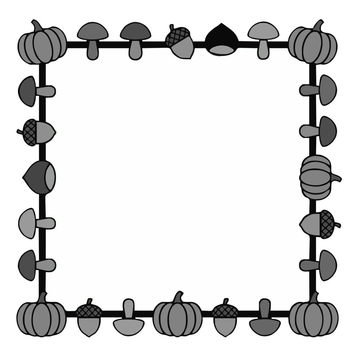10月の囲み枠（かぼちゃときのこ）（モノクロ）