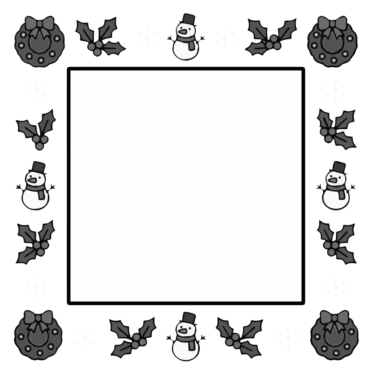 12月の囲み枠（ゆきだるまとひいらぎ）（モノクロ）