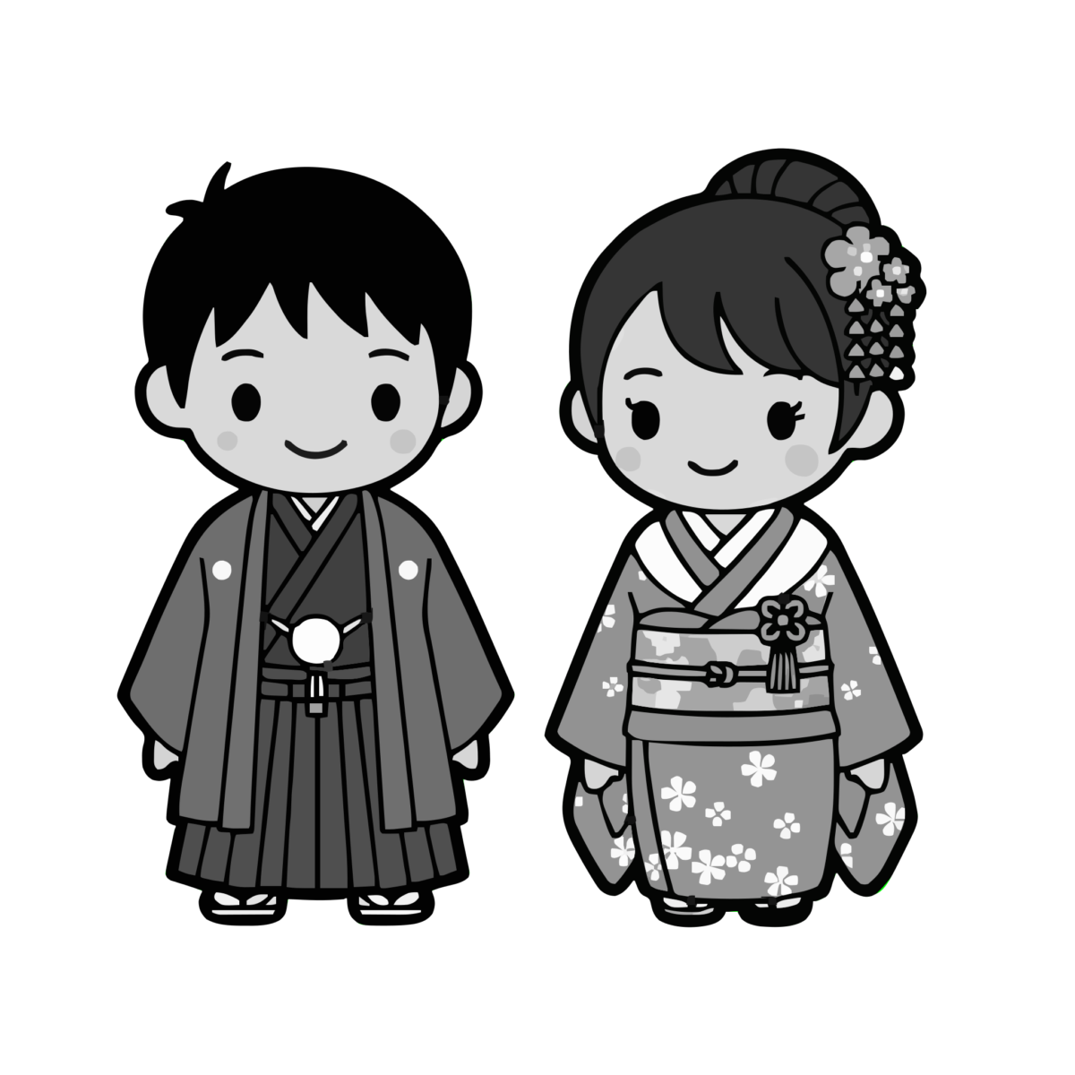 和装の男女のイラスト無料ダウンロード(モノクロ)