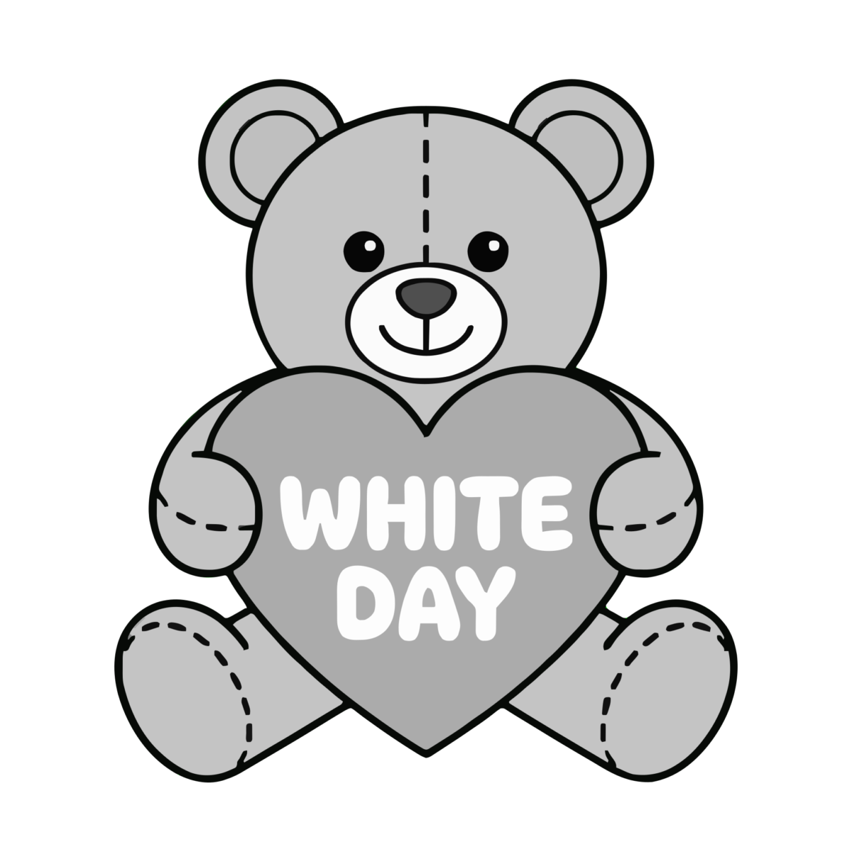 くまがWHITE DAYハートを持つのイラスト無料ダウンロード（モノクロ）