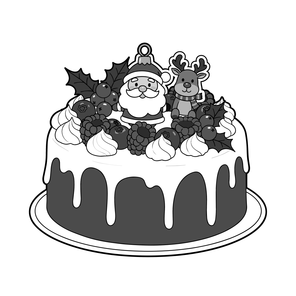 クリスマスケーキ（チョコレート）のイラスト無料ダウンロード（モノクロ）