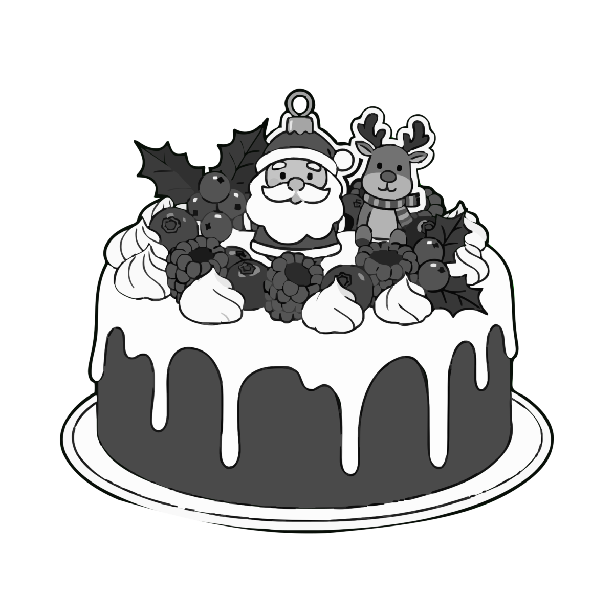 クリスマスケーキ（チョコレート）のイラスト無料ダウンロード（モノクロ）