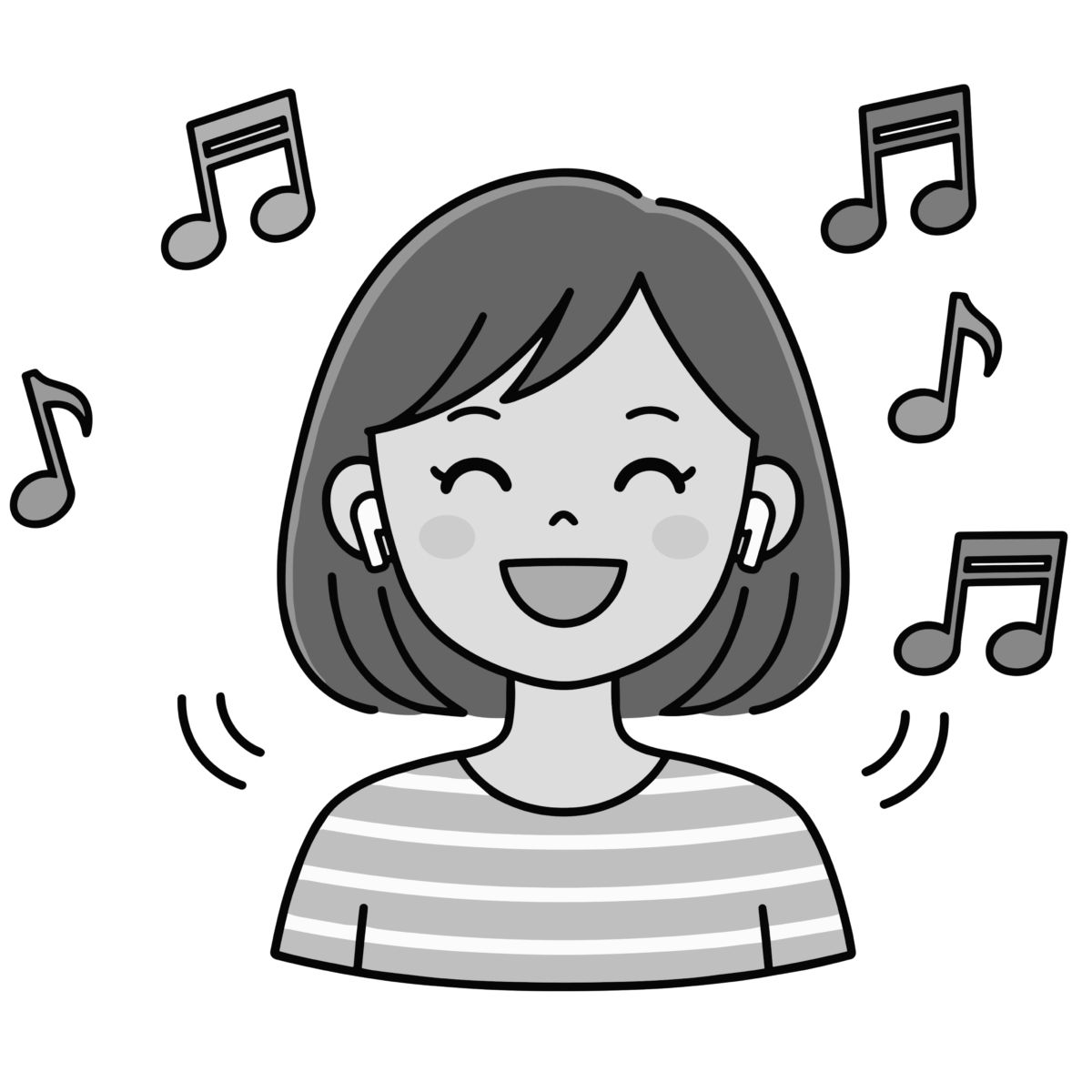 ワイヤレスイヤホンで音楽を聴く女性のイラスト無料ダウンロード（モノクロ）
