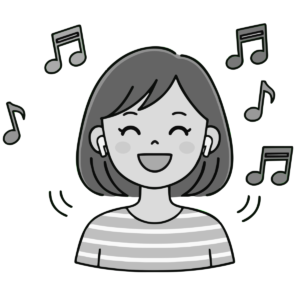 ワイヤレスイヤホンで音楽を聴く女性のイラスト無料ダウンロード（モノクロ）