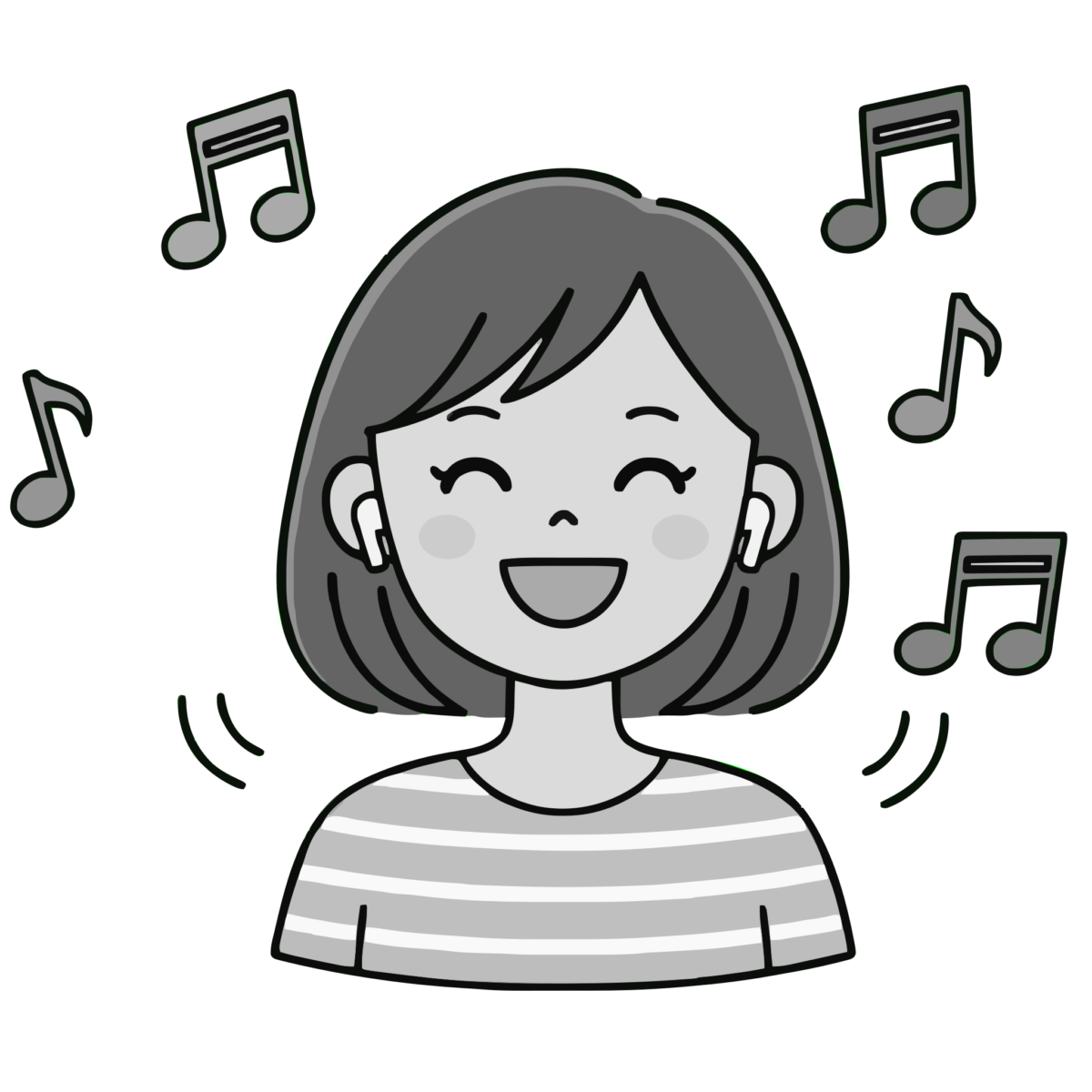 ワイヤレスイヤホンで音楽を聴く女性のイラスト無料ダウンロード（モノクロ）