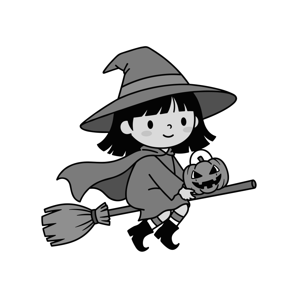 魔女の女の子のイラスト無料ダウンロード（モノクロ）