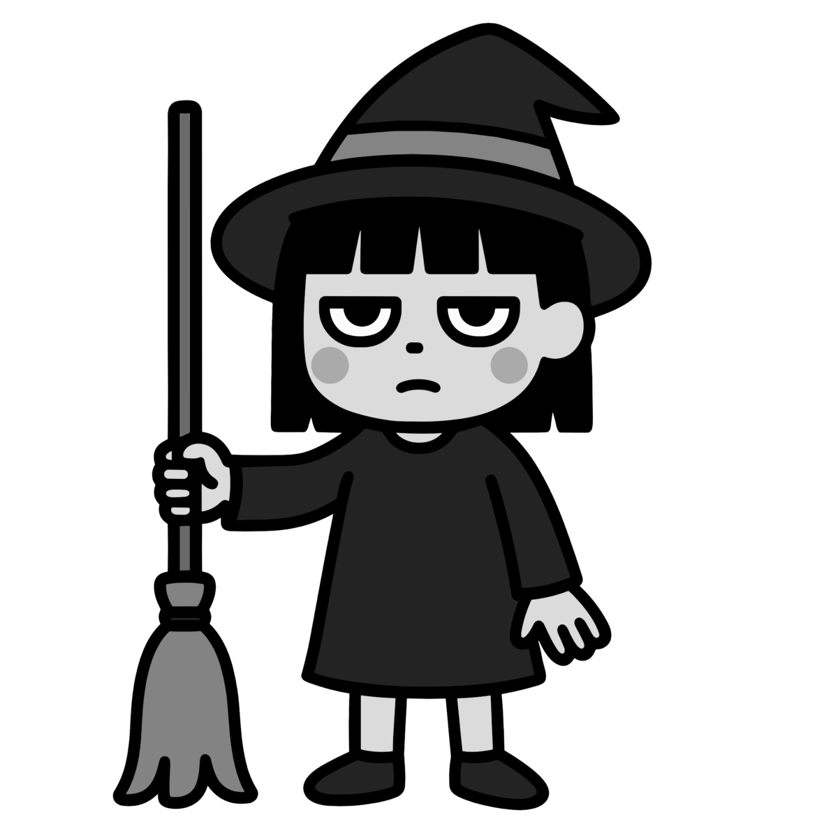 かわいい 魔女（ほうきを持つ立ち姿）のイラスト無料ダウンロード（モノクロ）