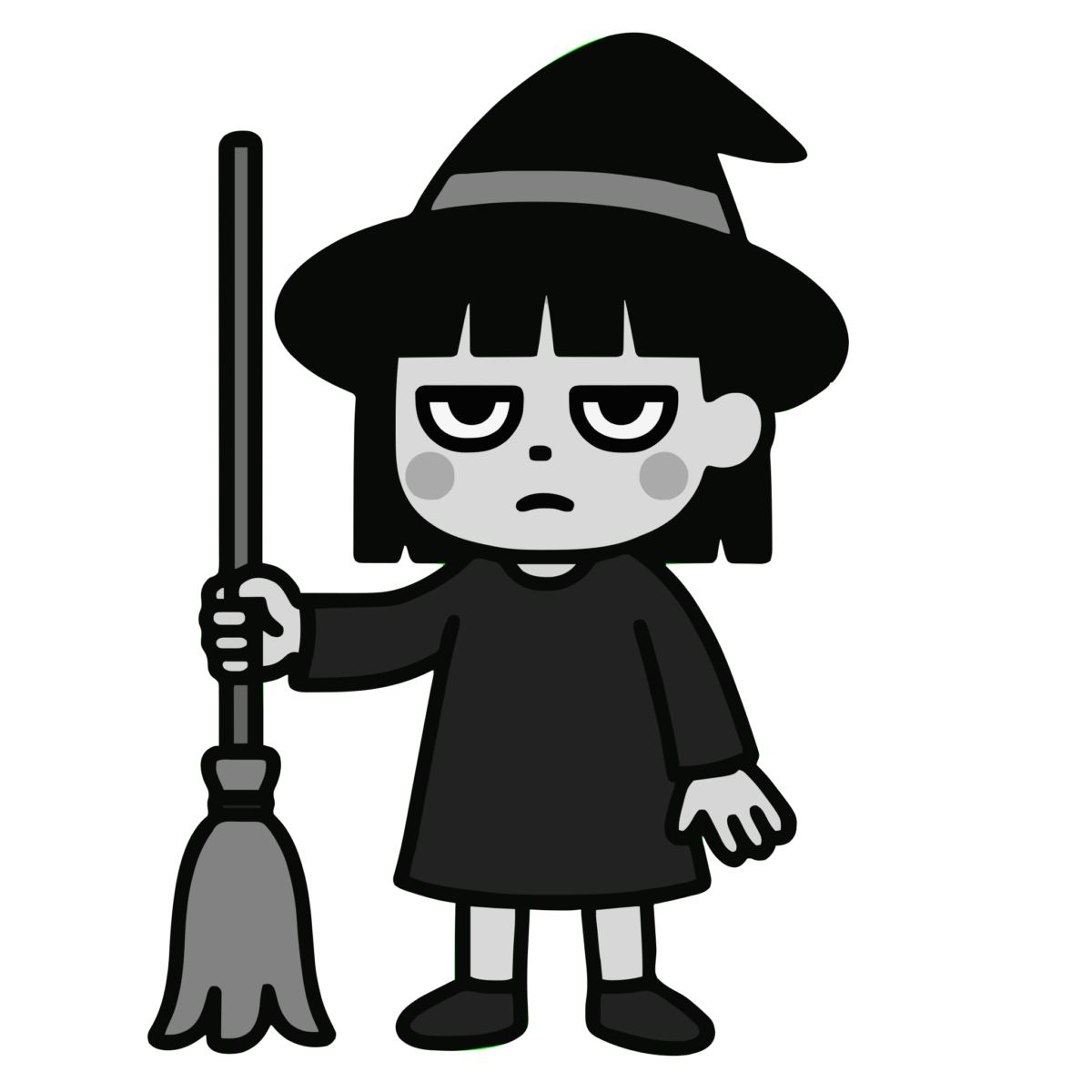かわいい 魔女（ほうきを持つ立ち姿）のイラスト無料ダウンロード（モノクロ）