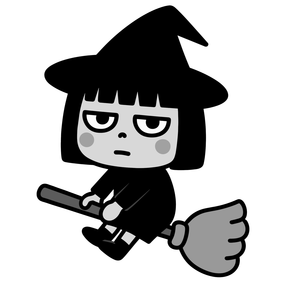 かわいい ほうきに乗った魔女のイラスト無料ダウンロード（モノクロ）