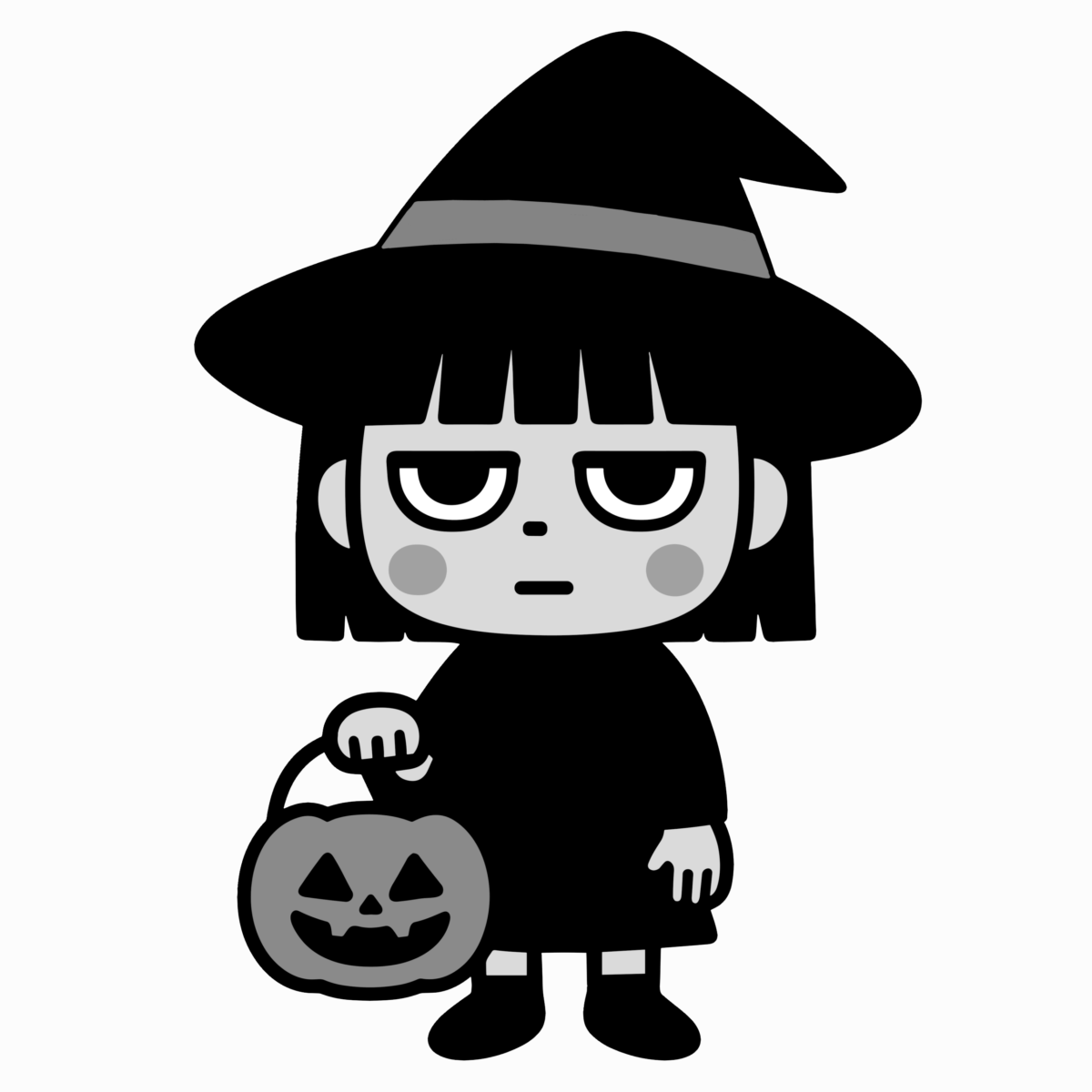 かわいい 魔女（カボチャバケツ持ち）のイラスト無料ダウンロード（モノクロ）