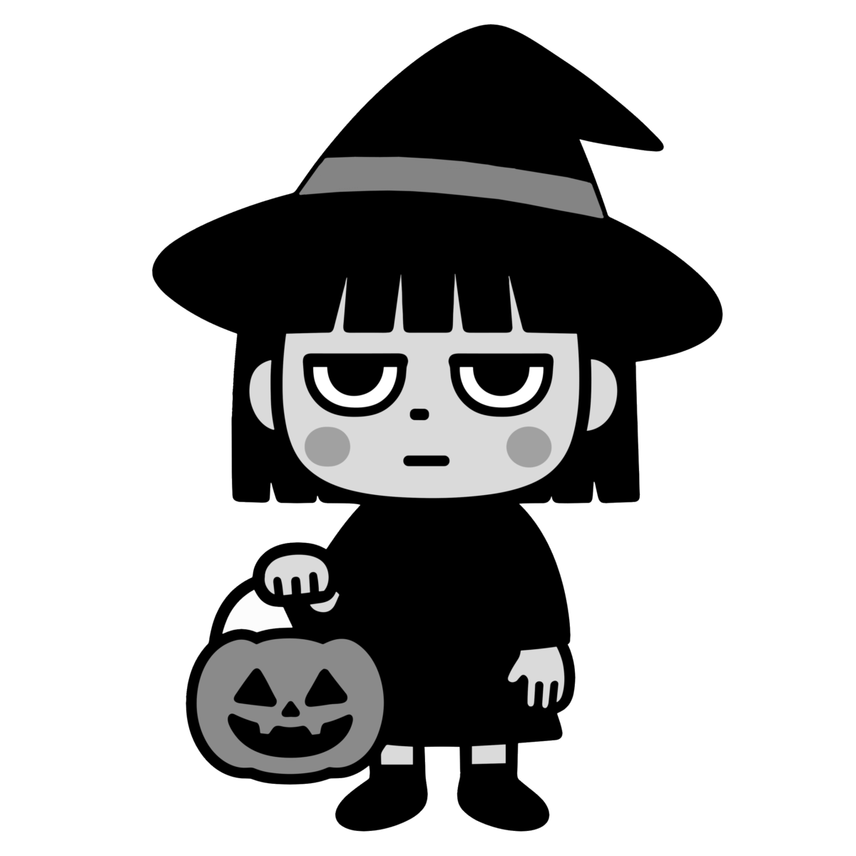 かわいい 魔女（カボチャバケツ持ち）のイラスト無料ダウンロード（モノクロ）