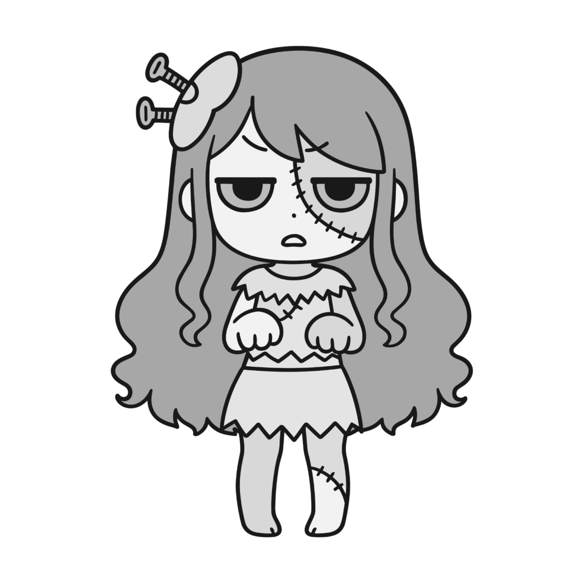 ゾンビの女の子のイラスト無料ダウンロード（モノクロ）