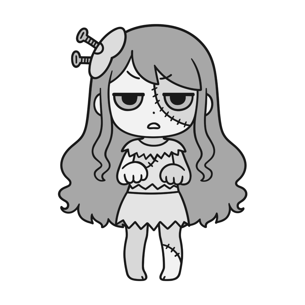 ゾンビの女の子のイラスト無料ダウンロード（モノクロ）